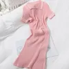 Women's casual dresses turn down collar color block short sleve bodycon tunic knitted short dress sexy vestidos