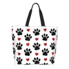 Shopping Bags Pattern Of Dog Groceries Tote Women Black Paws Red Hearts Canvas Shopper Shoulder Big Capacity Handbag