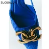 Sandalias primavera nueva marca mujer sandalia moda hebilla poco profunda señoras elegantes mulas azules tacón plano vestido femenino diapositivas zapato 230316