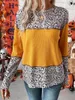 Mulheres camisetas Leopard Color Block O-pescoço Blusa 2023 Outono Elegante Mulheres Casual Manga Longa Solta Moda Splicing Tricolor Férias