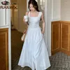 Casual Dresses Summer Holiday Elegant Annual Meeting Dress 2023 Women Square Neck Chic French Design Slim Waist Cross Criss Vestidos