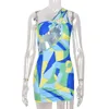 Повседневные платья Anjamanor Fashion Geometric Print Женщины платья Summer Club Asymmetrical Cut Out одно плечо Bodycon Mini Dress D82BB15 230421