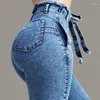 Jeans feminino casual hip-lifting slim-fit estiramento franjas cinto lápis calças de cintura alta calças jeans para mulher