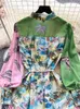 Robe Maxi élégante à manches lanternes pour femmes, imprimé vert, Slim, à lacets, longue, mode d'été, motif Floral