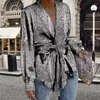 Trenchs de Femmes Automne Casual Lâche Solide Blazer Top Mode Sequin Lanterne Manches Femmes Manteau 2023 Élégante Dame Col Rabattu Noeud Papillon