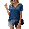 Kvinnors T-skjortor Kvinnor V-ringning Toppknapp T-shirt Runda halsblusar Kortärmade kläder Summer Leisure Ladies Streetwear
