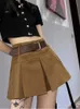 Rokken houzhou vintage geplooide rok vrouwen Koreaanse mode hoge taille preppy stijl bruine mini rok riem a-line y2k hot girl vrouw p230422