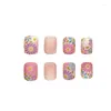 Unhas Falsas 24 Pçs / set Press On Curto Francês Falso Quadrado Com Flor Cobertura Completa Stick Para Mulheres