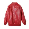 Kvinnorjackor 2023 Streetwear Girls Red Jacket mode långärmad blixtlås vindbrytare hösten vinter vänd ner krage pu läderrock