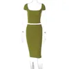 Vestidos de trabalho mozision verde sexy feminino conjunto de duas peças gola quadrada manga curta topos e saia midi conjuntos de correspondência senhoras bodycon festa