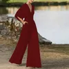 Kvinnors jumpsuits Rompers Autumn Office Casual Solid Wide Leg Pants Romper Elegant tappade raka overall Sexig Deep V Half Sleeve High midje Jumpsuit 230422