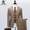 Män s kostymer blazers jacka väst byxor s 5xl brun retro pläddräkt vår och höst brittisk stil mens brudgum bröllop klänning klassisk 3 st 231122