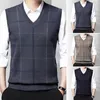 Men's Vests Knitted Vest Stylish Mid-aged Sweater Plaid Print Soft Warm For Fall Spring Fashion Men Sleeveless