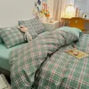 Bedding sets 4Pcs Washed Cotton Duvet Cover Set High Quality Skin Friendly Microfiber Queen King Double Plaid Bed linen 231122