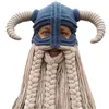 Beanie Skull Caps Handmade Long Beard Mask Hat Bull Horns Knitted Skull Balaclava Surprise Gifts for Funny Halloween Cosplay Props 231122
