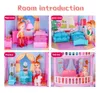 Doll House Acessórios Princesa Big Villa Diy Dollhouses 3D Iluminação Pink Castle Play House com Slide Yard Kit Assessado Doll House Toys para Girl 230422