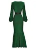 Casual Dresses V-neck Lantern Sleeve Sash Waist Stretch Slim Fishtail Sparkle Split Princess Style Dress Green Purple Spring Summer 2023