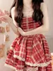 Повседневные платья Кружевное мини-красное платье для женщин Y2k в клетку трапециевидной формы для девочек Kawaii одежда модная французская эстетика винтажная Harajuku нерегулярная