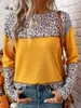 Mulheres camisetas Leopard Color Block O-pescoço Blusa 2023 Outono Elegante Mulheres Casual Manga Longa Solta Moda Splicing Tricolor Férias