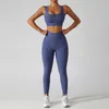 Conjunto ativo feminino fitness yoga conjunto de cores sólida com nervuras de duas peças Ginásio de ginástica de alto impacto Bra da cintura Leggings feminino Sportswear