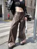 Kadın pantolonları Amerikan kahverengi pu deri geniş bacak yüksek sokak retro kız gevşek rahat moda bel düz pantolon