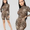 Women's Jumpsuits & Rompers Leopard Sexy Jumpsuit Women Fashion Turtleneck Long Sleeve Bodycon Tight Shorts Female Nightclub Bodysuits