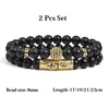 Brin 8mm Charme Perles Bracelet Pour Hommes Femmes Noir Mat Onyx Pierre Naturelle 2 Pcs Couronne Roi Bracelets Ensemble Or Couleur Cubique Zircone