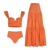 Kvinnors badkläder Sling Ruffle Solid Two Pieces Bikini Kvinnor Hög midja Sexig baddräkt Beach Kjol Summer Fashion Backless Beachwear Cover Up