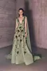 Casual Dresses High End Olive Green Floral Lace Prom Gowns With Cape Double V-neck 3D Flower Formal Party Modest Arabic Robe