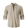 Men's Casual Shirts Vneck shirt Tshirt Fashion Vintage Thin Long Sleeve Top men Breathable Front Lace Up man 231122