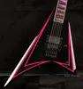 Rare Alexi Laiho Pink Stripe Sawtooth V Guitare électrique noire Floyd Rose Tremolo Bridge Whammy Bar Chine Micro EMG Boîte de batterie 9 V Matériel noir Incrustation rose Sharkfin