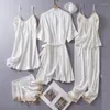 Mulheres sleepwear branco laço mulheres 5 peça conjunto primavera cetim roupão de noite sleep terno homewear quimono pijama nightdress loungewear