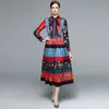 Women Boutique Printed Dress Long Sleeve Bow Pleated Dress High-end Temperament Lady Floral Dresses Party Runway Retro Palace Dresses