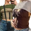 女性用Tシャツの女性くりくろった長い袖の肩を覆う覆いが編まれたセクシーなセクシーな肩のセータークロップトップメッシュTシャツP230328