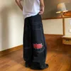 Damen Jeans Harajuku Gothic Retro Taschenschädel bestickt Hohe Taille Gerade Herren 2000er Street Hip Hop Punk Washed Denim Hose