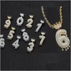 Pendant Necklaces 18K Gold Arabic Numerals Zircon Crown Hip Hop Necklace 60Cm Chain Jewelry Set Iced Out Diamond Number Pendant Neckla Dhgi9