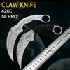 Новое прибытие A1901 Karambit Knife 420C Laser Pattern Blade Full Tang Paracord Ручка с фиксированным лезвием тактического когтя с кожаной оболочкой