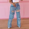 Женские джинсы разорваны с высокой талией ретро -стрит Raw Edge Straight Legs Wide Fashion Elastic Casual Bunders 230422