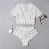 Bras Sets 2Pcs Women Underwear Set Solid Lace Floral Embroidery V-Neck Short Sleeves Crop Top High Waist Briefs Sexy Perspective