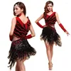 Stage Wear Tassel Sequins Latin Dance Costume Mesh Through Fringe Skirt Dress For Women Ballroom Competition Clothing Dancer Party Outfits