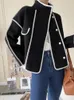 Womens Wool Blends Fashion Coats for Women Loose Standing Collar Solid Short Jacket Contrast Color Design White Black Autumn Outerwear 231123