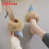 Pantoufles Aphixta doux véritable fourrure de lapin en peluche bout pointu femmes pantoufles 6 cm/8 cm talons fins chaussures talon plat diapositives de cheveux 231123