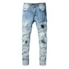 Heren jeans heren verontruste urban mode slanke fit lichtblauw dunne stretch tie kleurstof ribben patchwork gescheurde kwaliteit verfspray