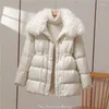 Women's Trench Coats Winter Women Faux Lamb Wool Collar Lapel Drawstring Coat Lady Casual White Duck Down Midi Puffer Parka Outwear