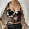 Women's Tanks Vintage Mesh Flowers Embroidery Tank Top Steel Ring Chest Support Crop Tops Y2k Open Back Lace Transparent Camis See Through