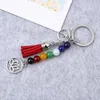 Keychains Trendy Colorful Natural Stone Beads Crystal 7 Chakras Energy Yoga Fitness Key Chains Lotus Tassel Charm Rings Jewelry Gifts