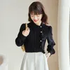 Women's Blouses Diagonal Collar Ruffle Splice Long Sleeve White Shirt Women Tops Spring Autumn Office Lady Elegant Chic Loose Black Blouse