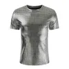 QNPQYX New Men's Summer Silver Plaid Metallic Nightclub Stage Outfit Diamond Sequins Slim à manches courtes col en V Shiny Mens T-shirts