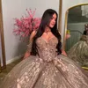 Goud Glanzend Sweetheart Quinceanera Jurk 2024 Uit De Schouder Bloemen Bloemen Kant Kralen Sweet 16 15 Jurk Vestidos De XV anos