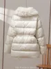 Women's Trench Coats Winter Women Faux Lamb Wool Collar Lapel Drawstring Coat Lady Casual White Duck Down Midi Puffer Parka Outwear